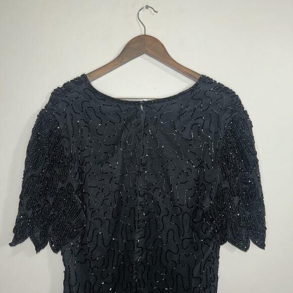 Vintage Laurence Kazar Silk Dress 2XL Black Beaded Sequin Elegant Formal Holiday - Picture 6 of 16